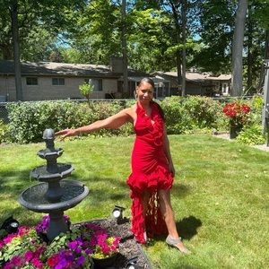 Red hi low formal gown